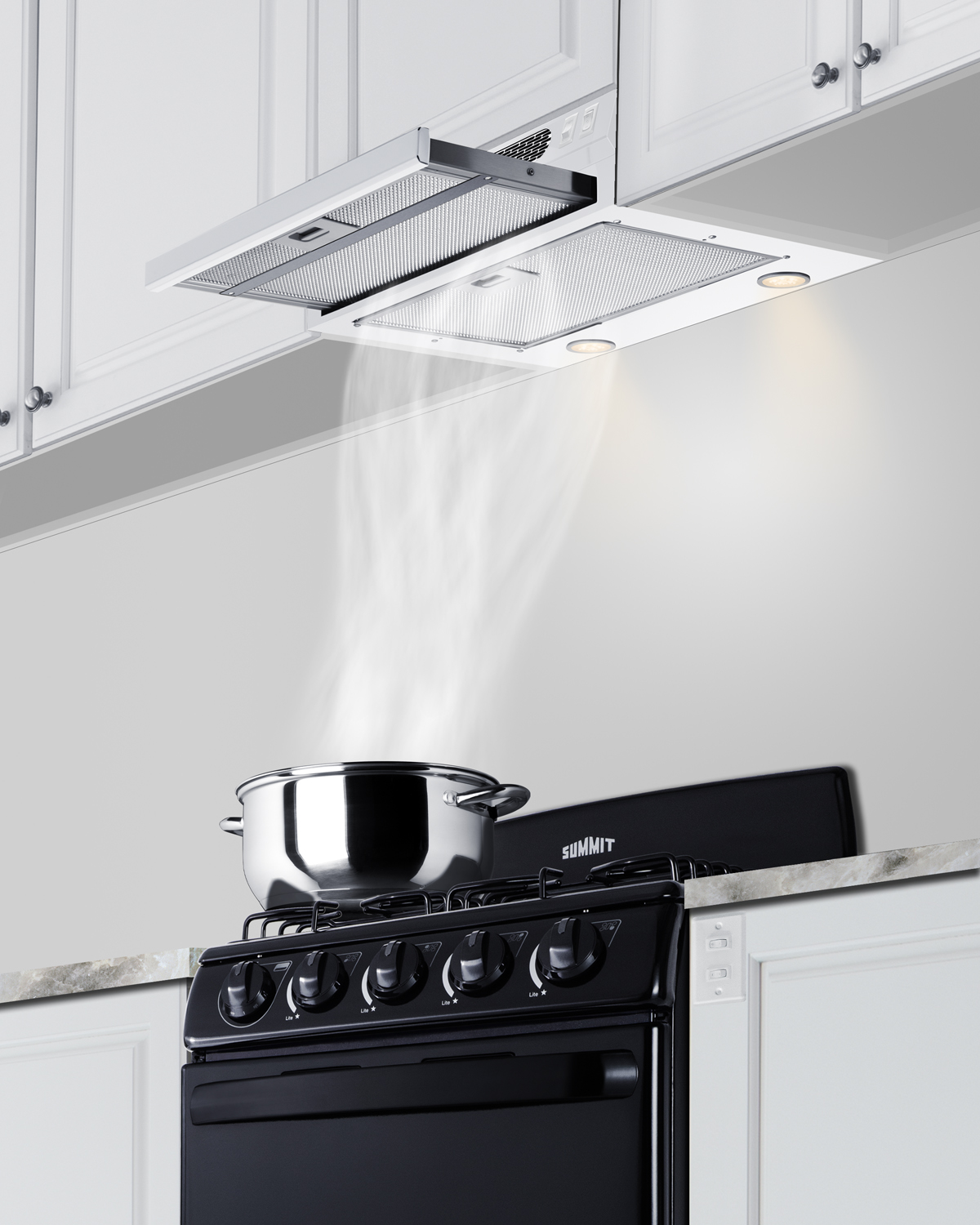 20 inch wide ADA compliant under cabinet retractable range hood for ductless use in white, made in the USA with separate wall switch for ADA applications